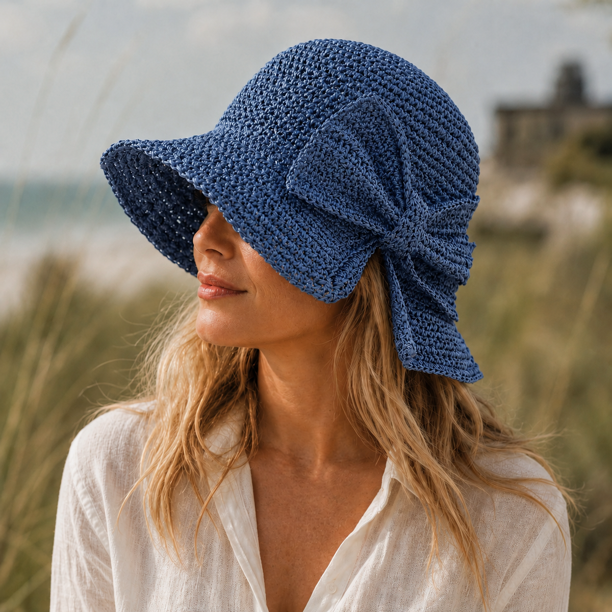 Women's Sun Bucket Hat - Large Soft Bow - Travel Fashion — Blue