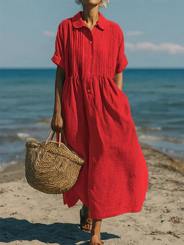 Women's Midi Long Shirt Dress — Red