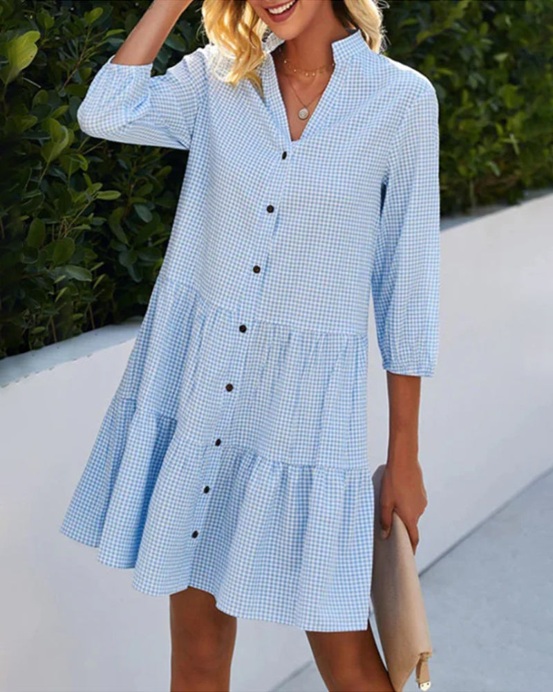 Women's Short A-Line Dress with V-Neck — Blue