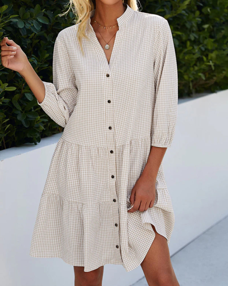 Women's Short A-Line Dress with V-Neck — Khaki