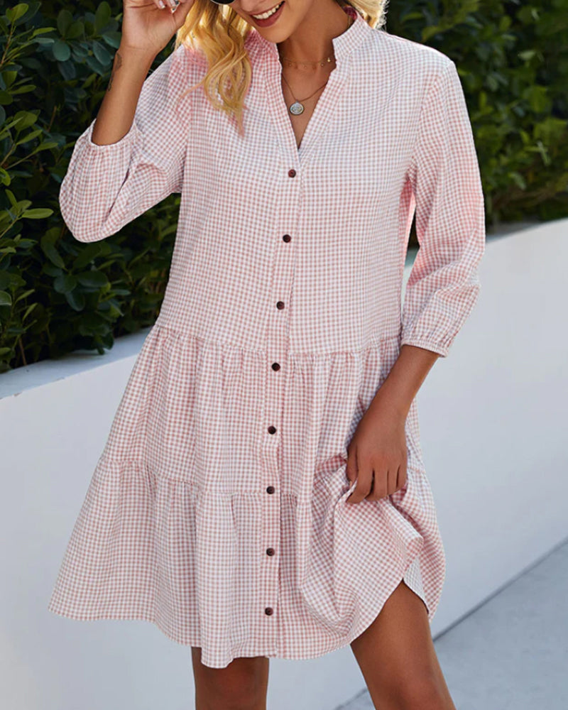 Women's Short A-Line Dress with V-Neck — Pink
