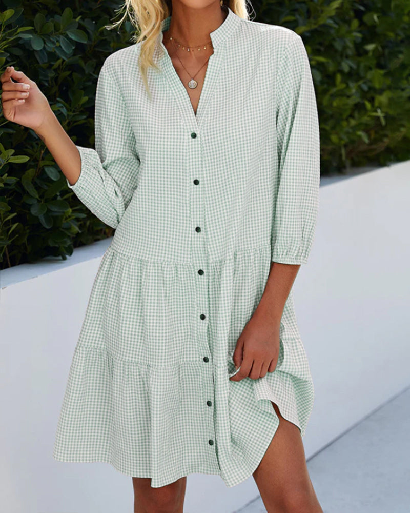 Women's Short A-Line Dress with V-Neck — Green