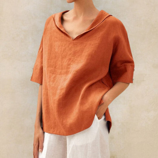 Top for Women with V-Neck, Flowing Fabric — Orange