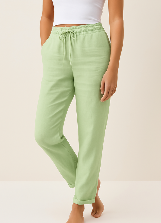 Women's Straight Pants with Drawstring Waist — Green