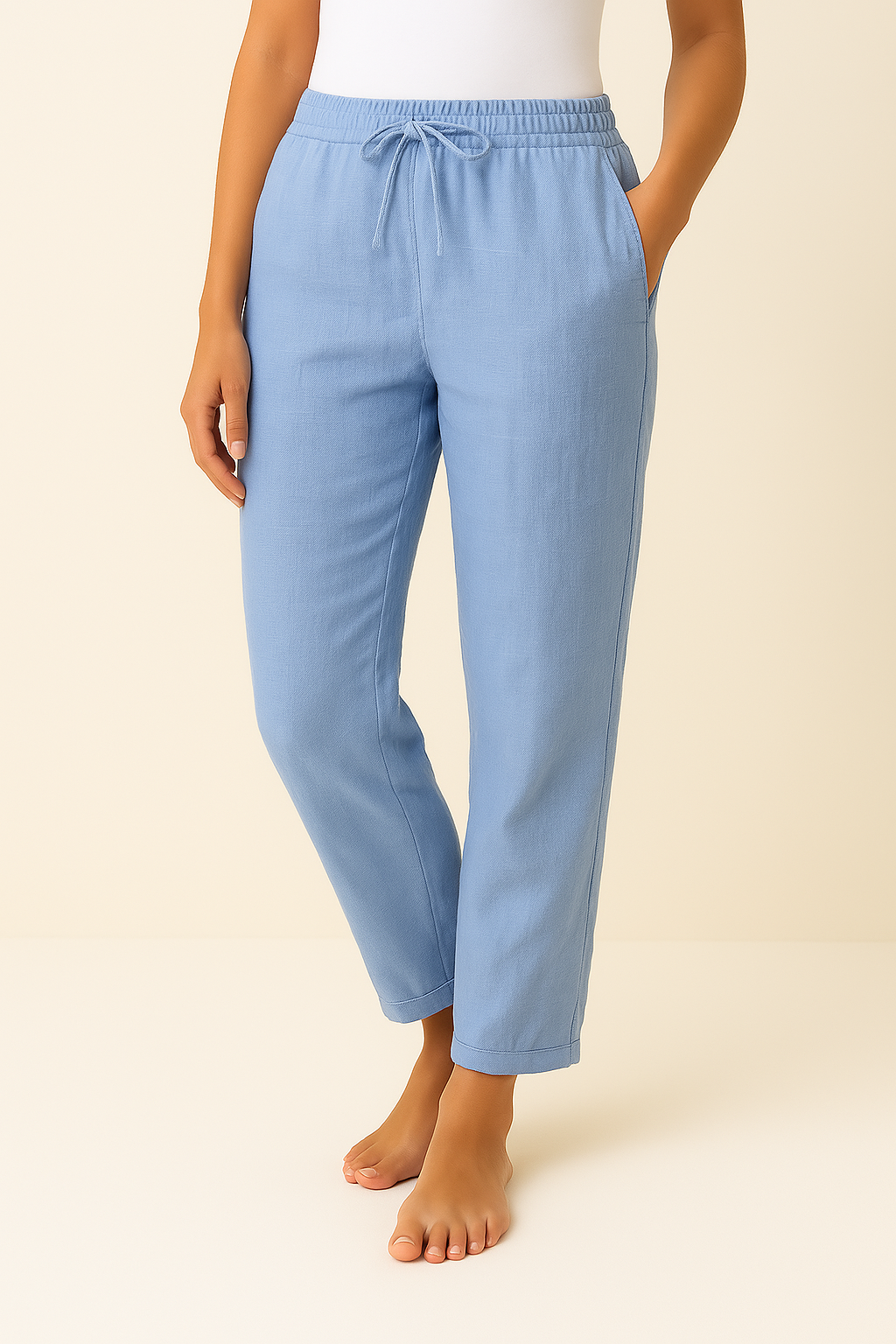Women's Straight Pants with Drawstring Waist — Blue
