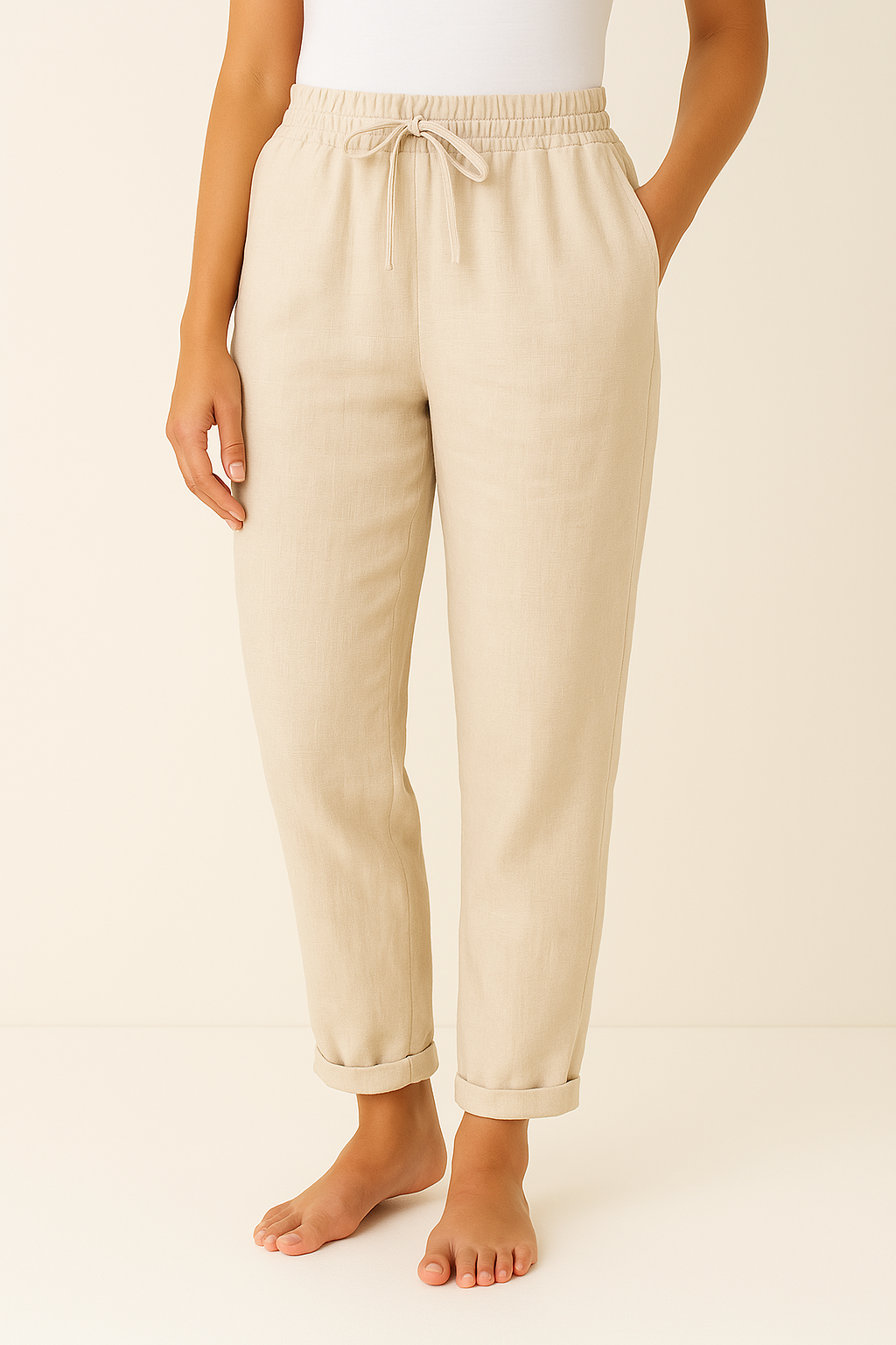 Women's Straight Pants with Drawstring Waist — Beige