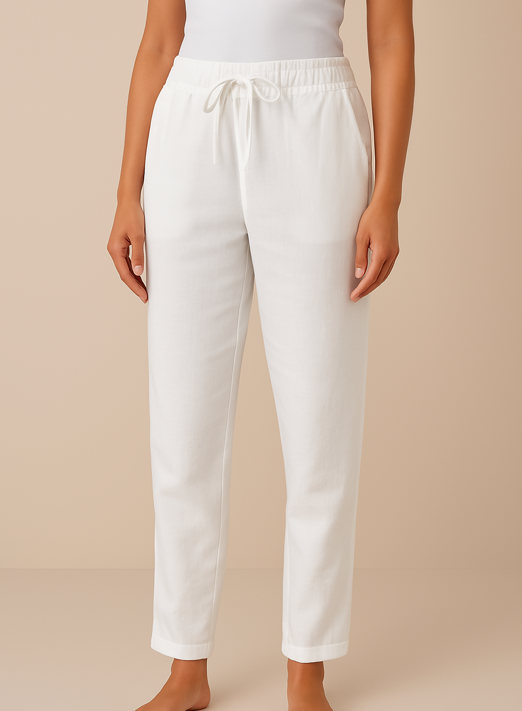 Women's Straight Pants with Drawstring Waist — White