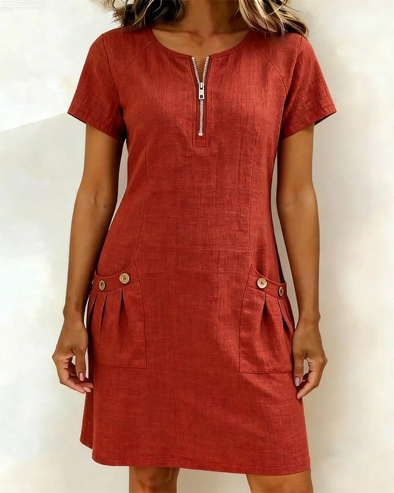 Women's Dress with Zip Collar, A-Line Cut — Red