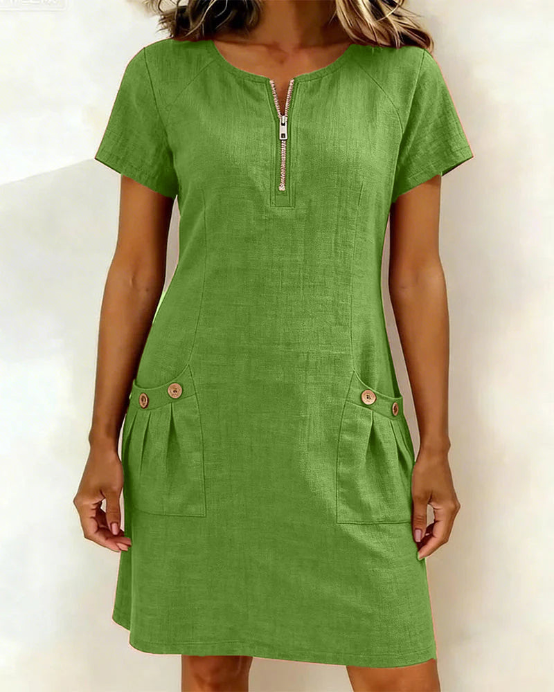Women's Dress with Zip Collar, A-Line Cut — Green