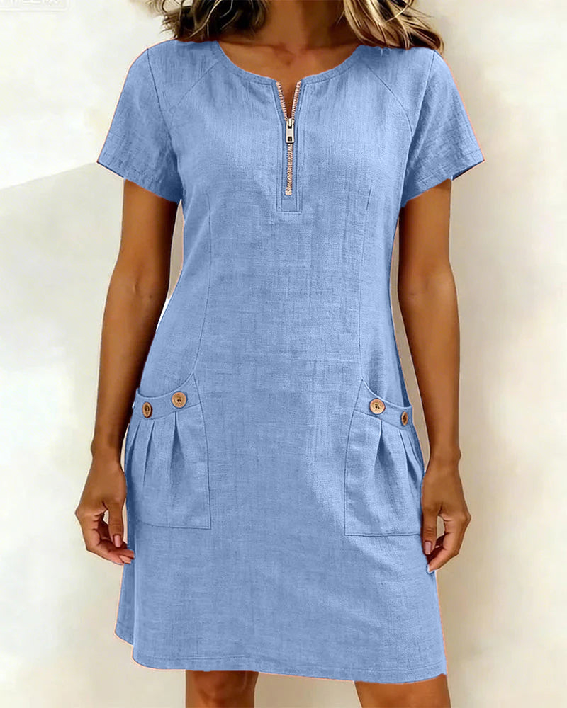 Women's Dress with Zip Collar, A-Line Cut — Blue