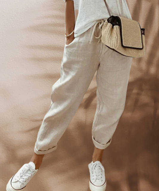 Women's loose pants with elastic waistband drawstring, casual style — Beige
