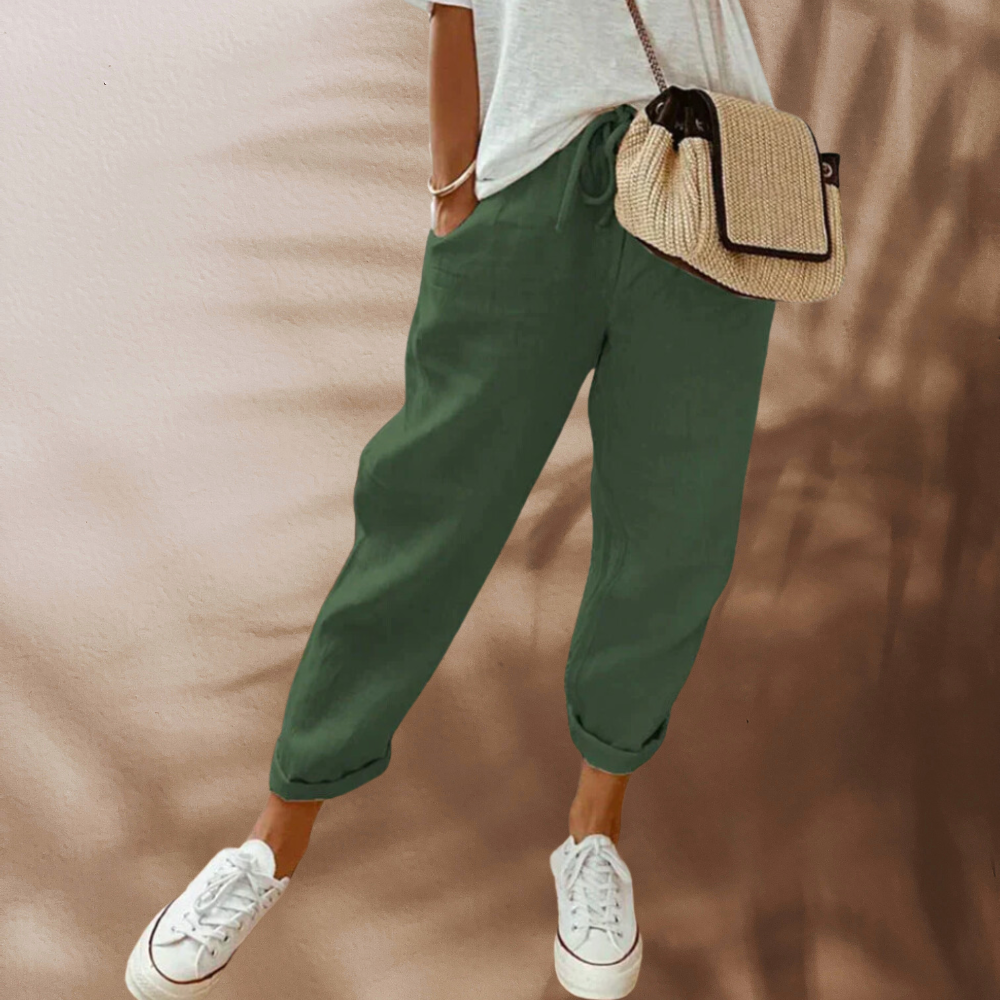 Women's loose pants with elastic waistband drawstring, casual style — Green