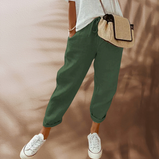 Women's loose pants with elastic waistband drawstring, casual style — Green