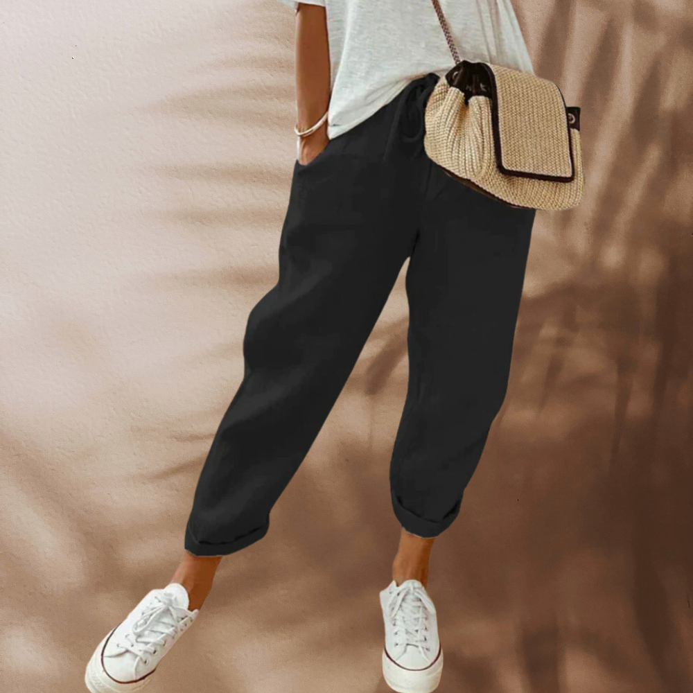 Women's loose pants with elastic waistband drawstring, casual style — Black