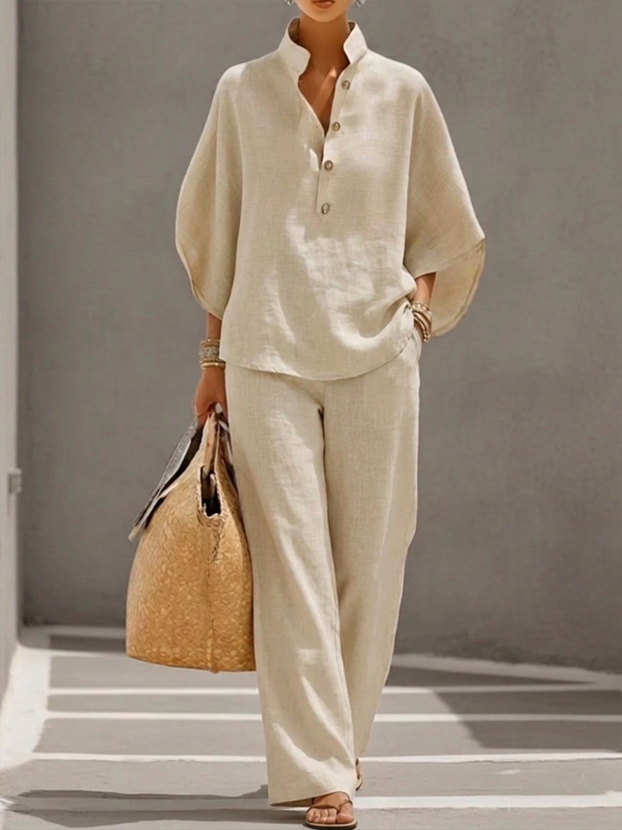 Women's suit with loose top, batwing sleeves, and straight pants — Sand