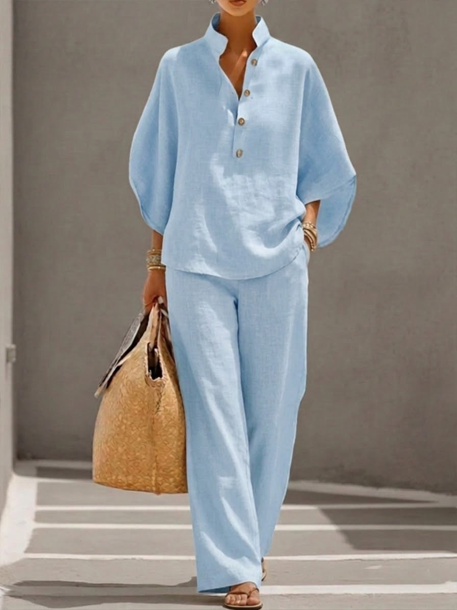 Women's suit with loose top, batwing sleeves, and straight pants — Light Blue