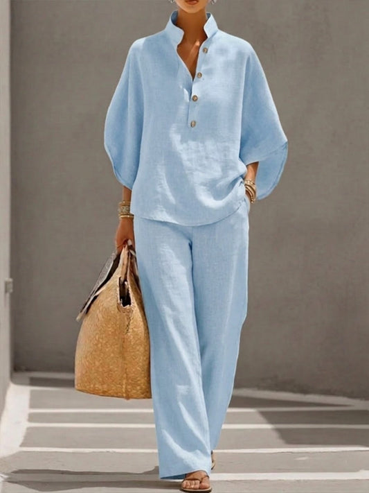 Women's suit with loose top, batwing sleeves, and straight pants — Light Blue