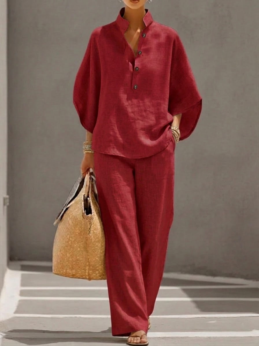 Women's suit with loose top, batwing sleeves, and straight pants — Red