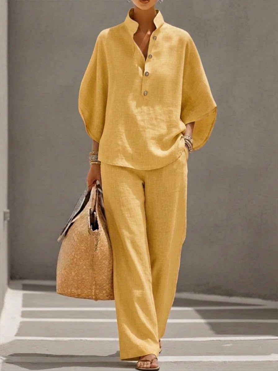 Women's suit with loose top, batwing sleeves, and straight pants — Yellow