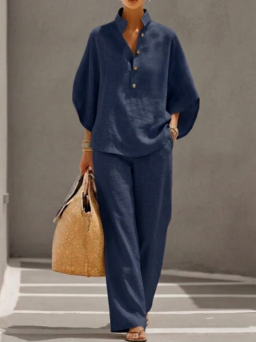 Women's suit with loose top, batwing sleeves, and straight pants — Navy Blue