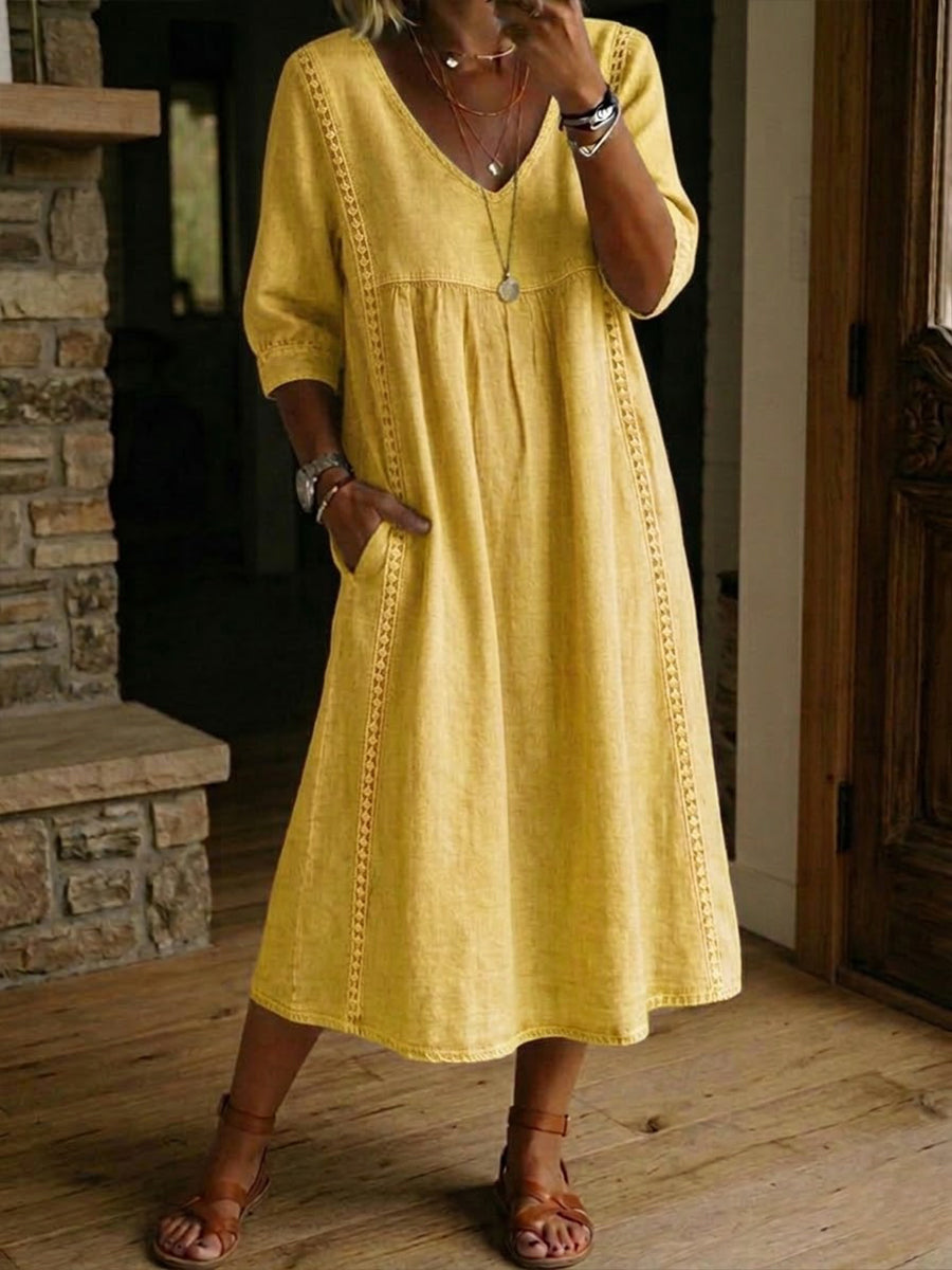 Women's Mid-Length Dress with V-Neck, Loose Fit, Everyday Wear — Yellow
