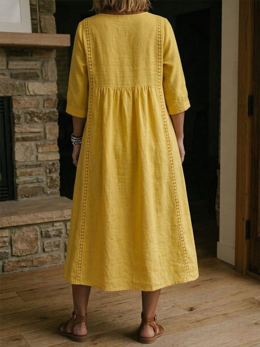 Women's Mid-Length Dress with V-Neck, Loose Fit, Everyday Wear — Yellow