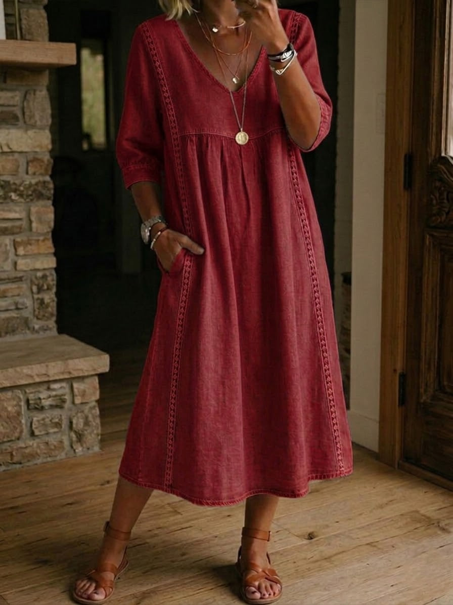 Women's Mid-Length Dress with V-Neck, Loose Fit, Everyday Wear — Red
