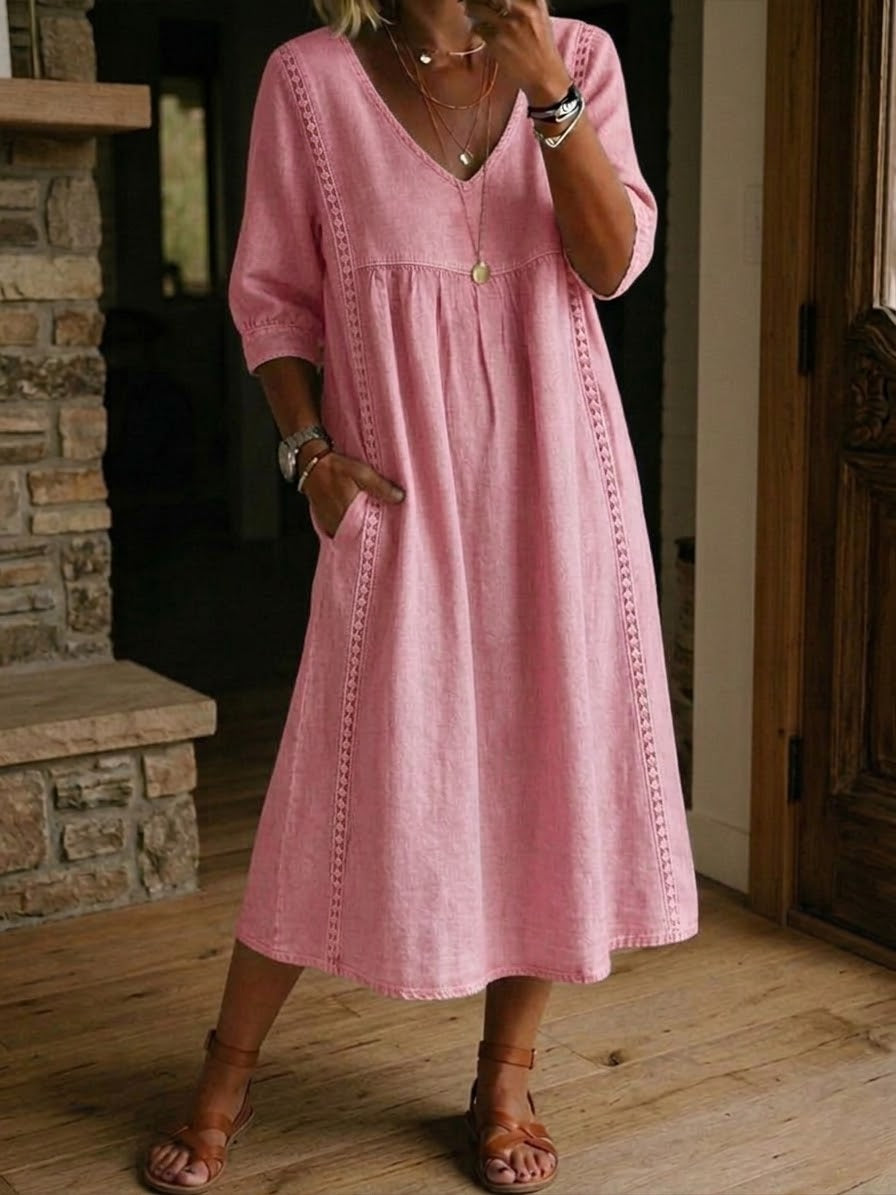 Women's Mid-Length Dress with V-Neck, Loose Fit, Everyday Wear — Pink