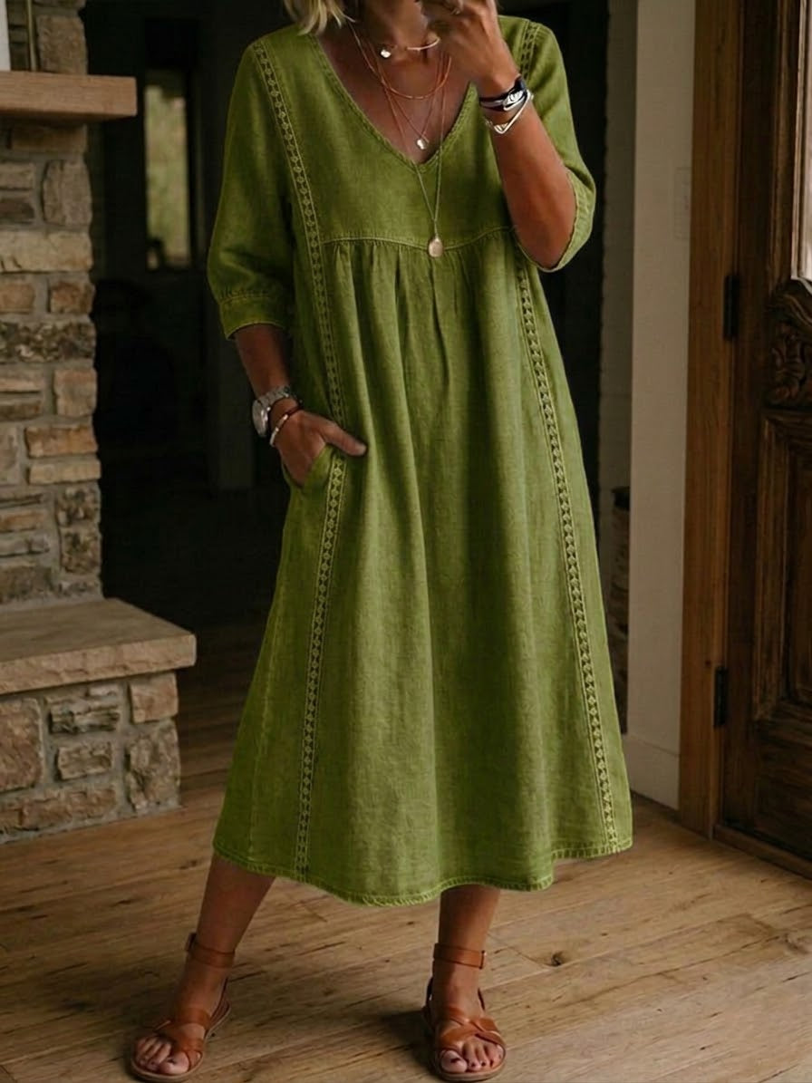 Women's Mid-Length Dress with V-Neck, Loose Fit, Everyday Wear — Olive
