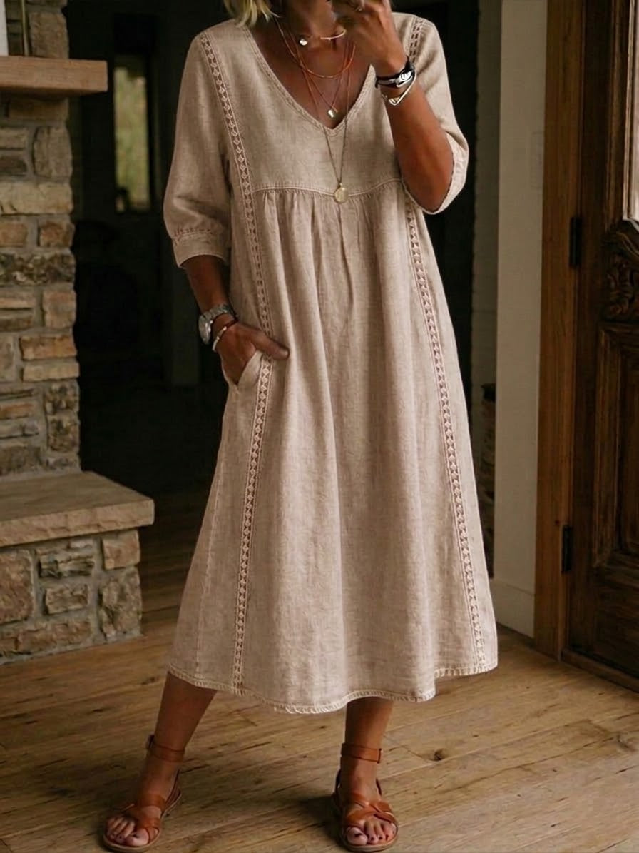 Women's Mid-Length Dress with V-Neck, Loose Fit, Everyday Wear — Sand