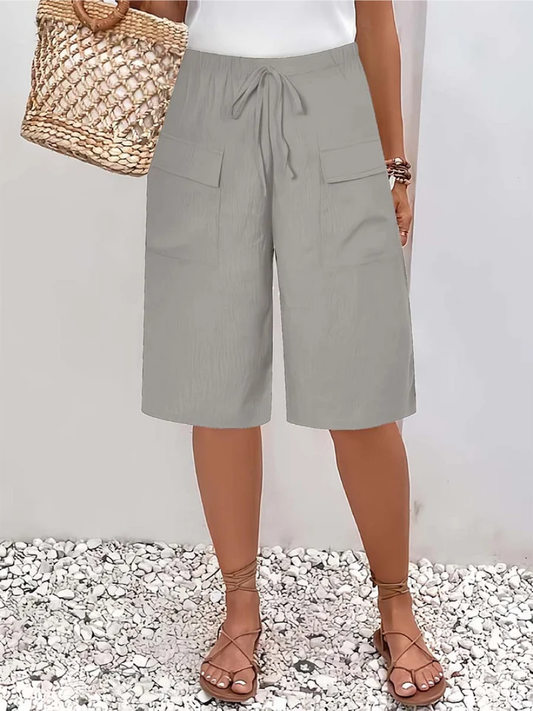 Women's Bermuda Shorts with Adjustable Waist and Utility Pockets — Grey