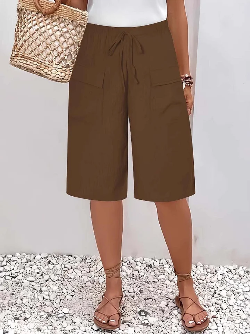 Women's Bermuda Shorts with Adjustable Waist and Utility Pockets — Brown