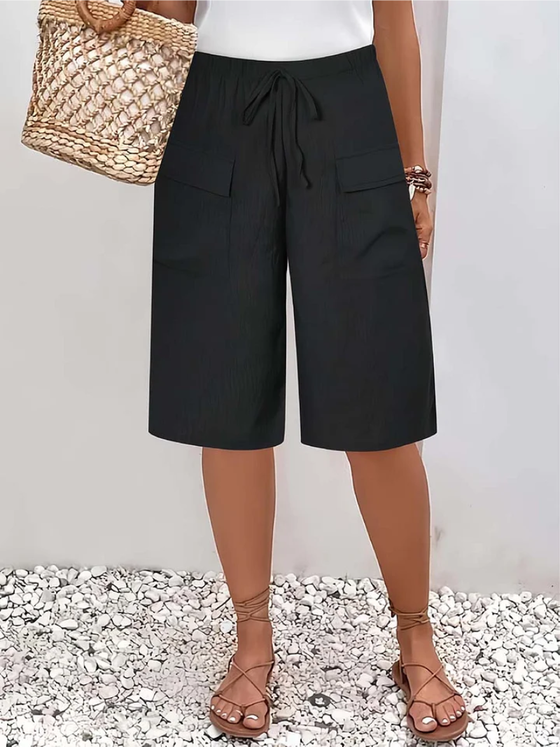 Women's Bermuda Shorts with Adjustable Waist and Utility Pockets — Black