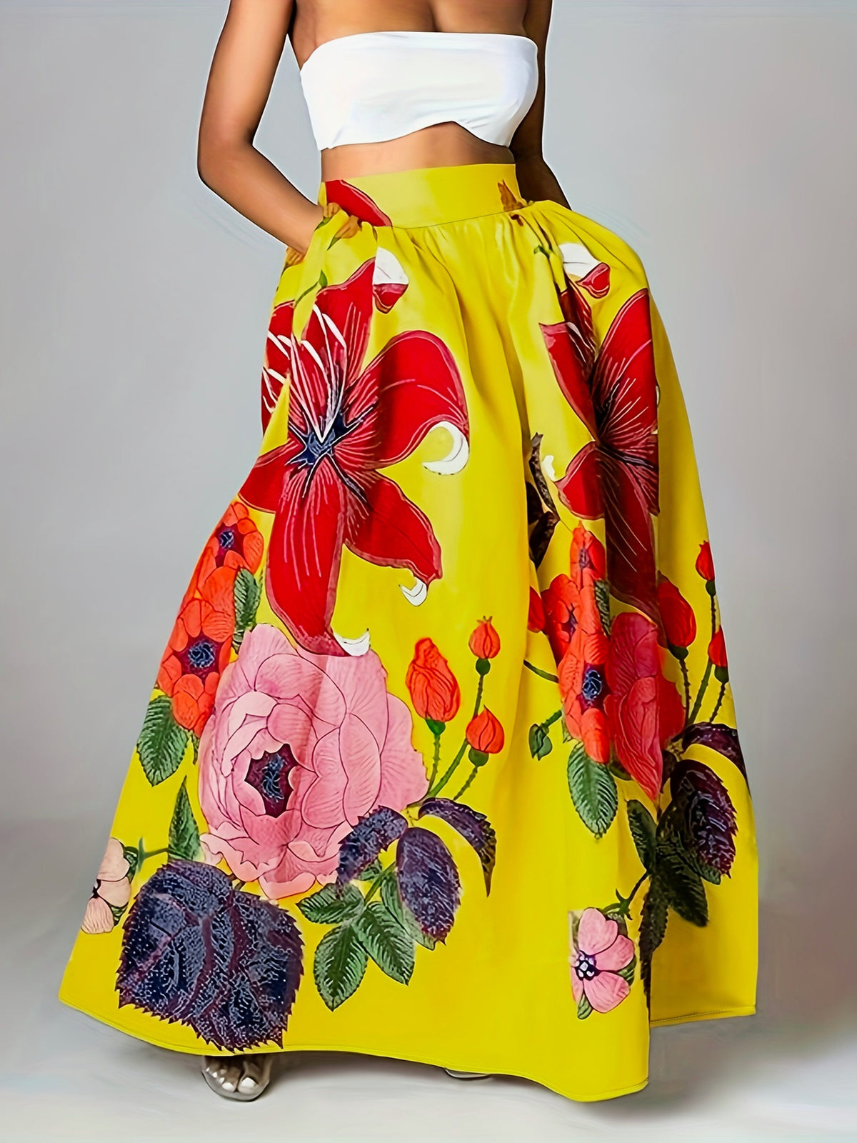 Women's Maxi Skirt Flared Floral Cut — Yellow