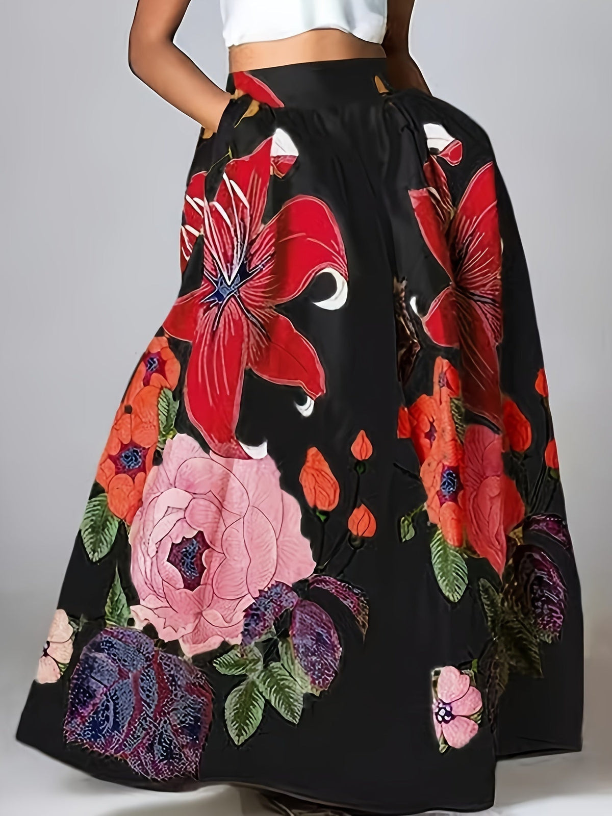 Women's Maxi Skirt Flared Floral Cut — Black