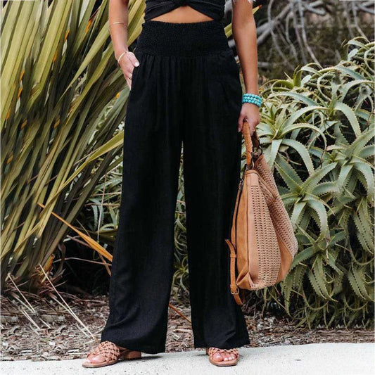 Women's wide-leg pants with high elastic waist — Black