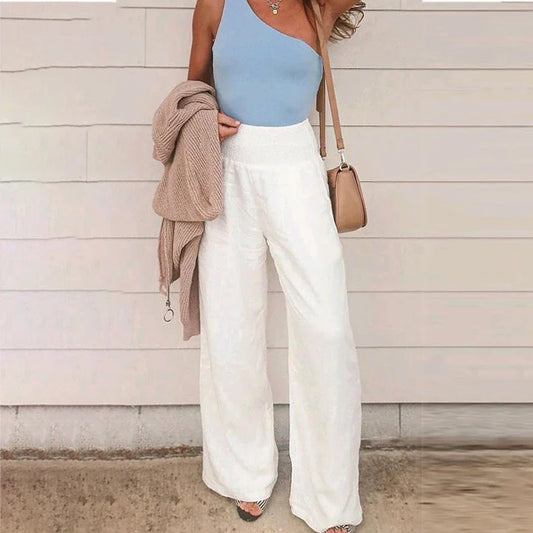 Women's wide-leg pants with high elastic waist — White