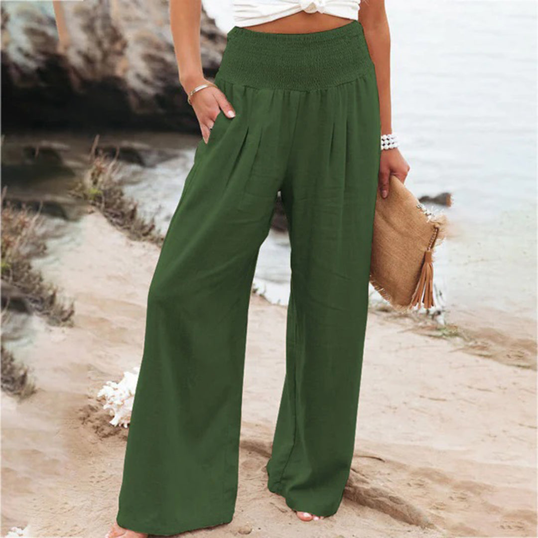 Women's wide-leg pants with high elastic waist — Dark Green