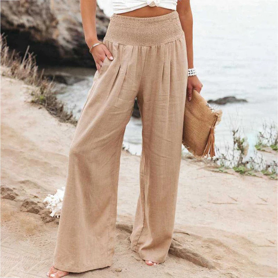 Women's wide-leg pants with high elastic waist — Khaki