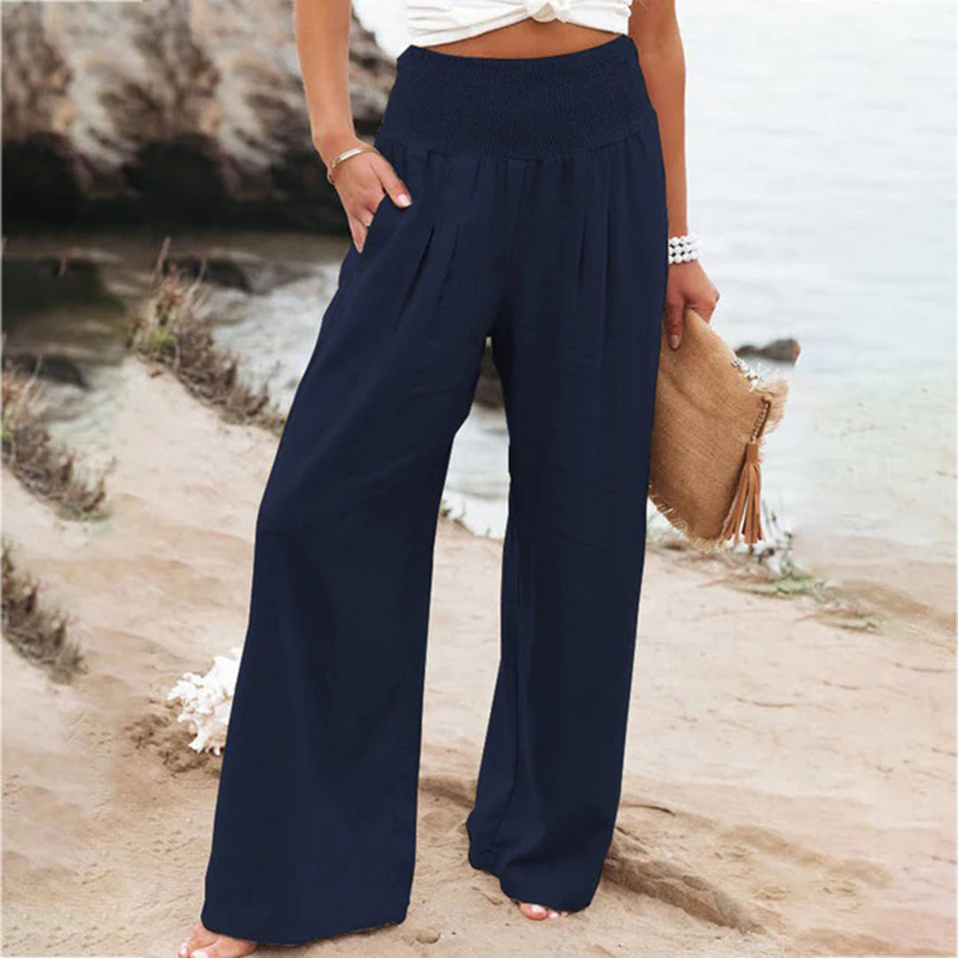 Women's wide-leg pants with high elastic waist — Navy Blue