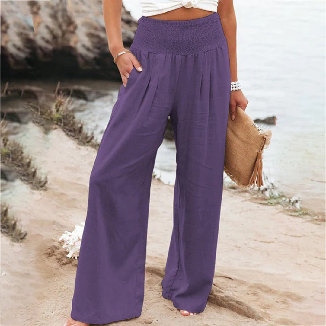 Women's wide-leg pants with high elastic waist — Purple