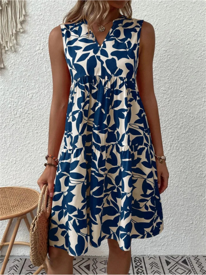 Women's Printed Mid-Length Straight Cut Dress — Blue