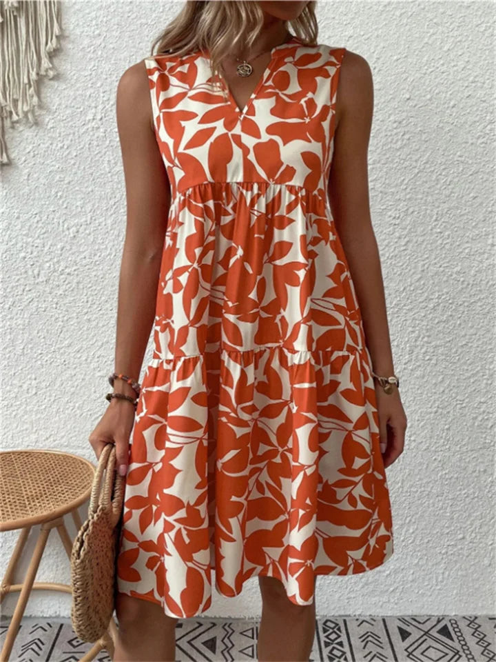 Women's Printed Mid-Length Straight Cut Dress — Red