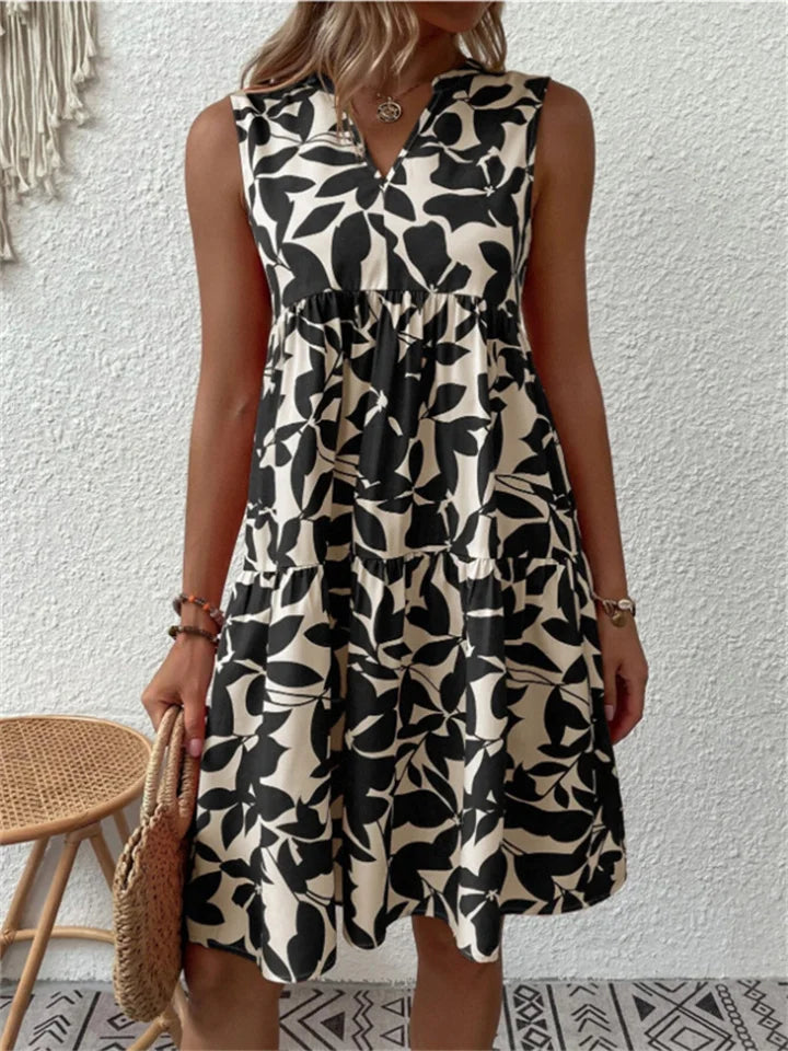 Women's Printed Mid-Length Straight Cut Dress — Black