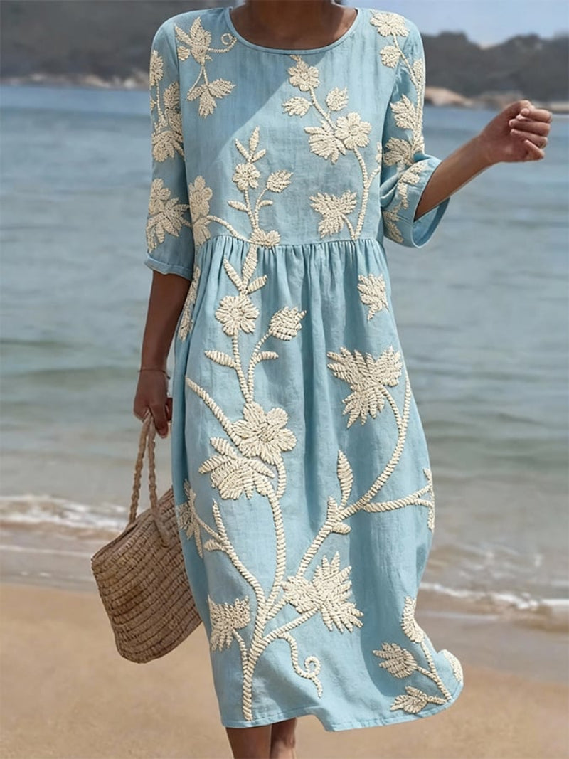 Embroidered Midi Dress for Women with Flowing Fit — Blue
