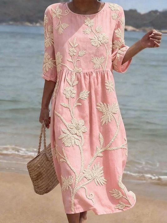 Embroidered Midi Dress for Women with Flowing Fit — Light Pink