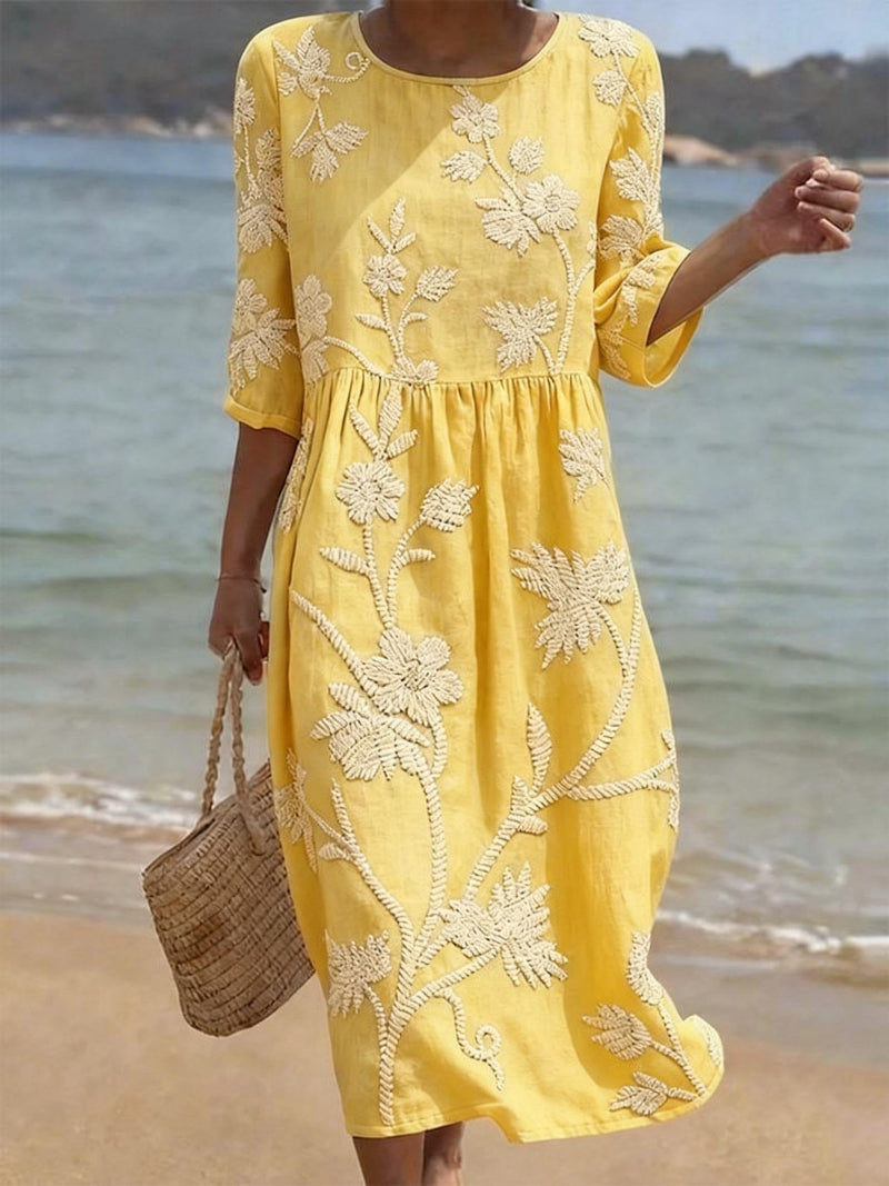 Embroidered Midi Dress for Women with Flowing Fit — Yellow