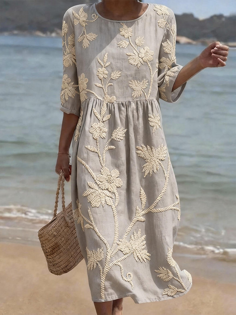 Embroidered Midi Dress for Women with Flowing Fit — Grey
