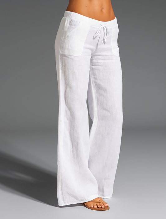 Women's pants, wide cut, elastic waistband — White