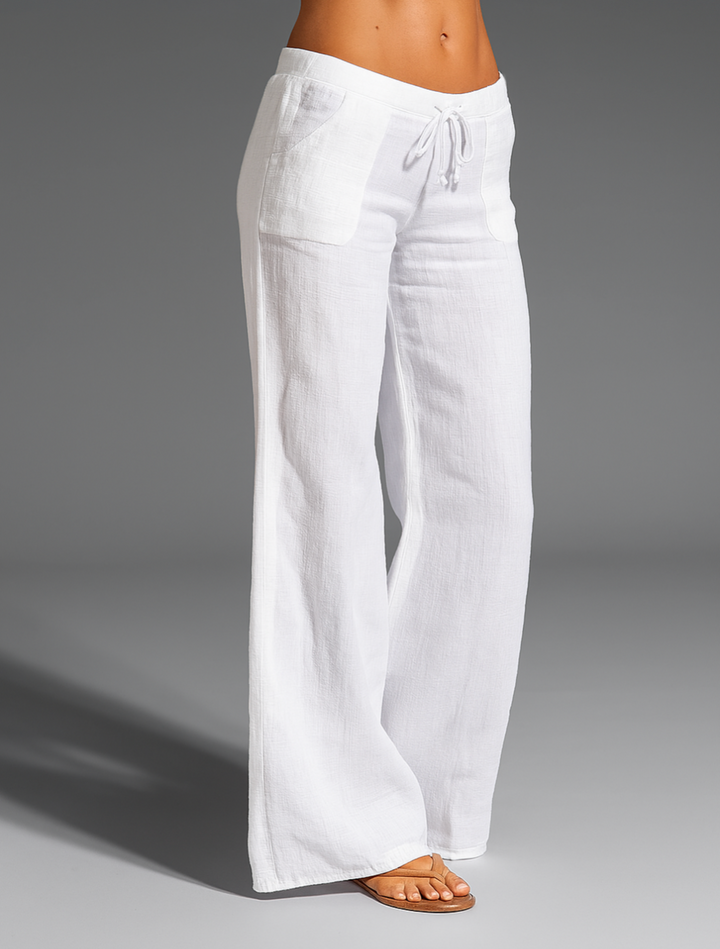 Women's pants, wide cut, elastic waistband — White